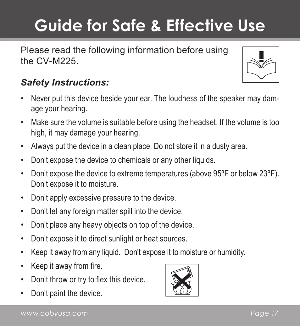 Guide for safe & effective use | COBY CV-M225 User Manual | Page 17 / 24
