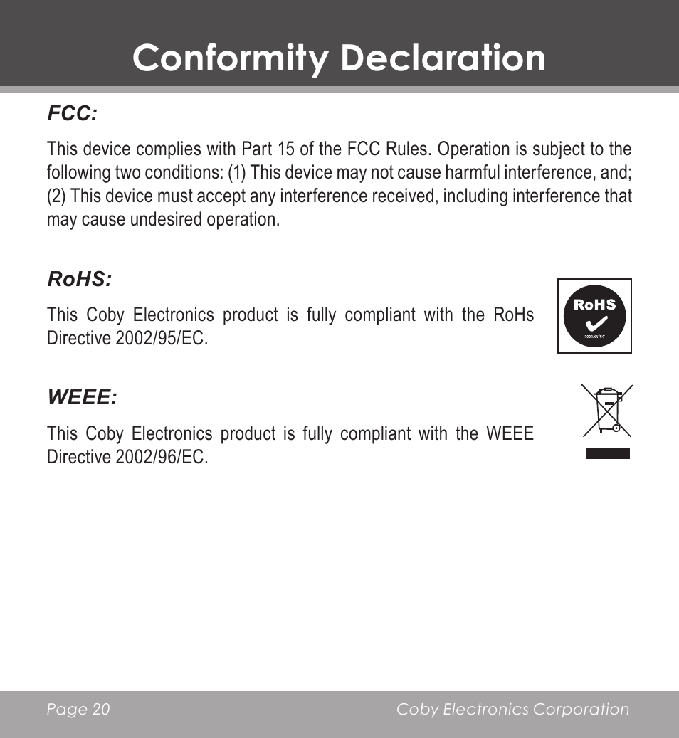 Conformity declaration | COBY CV-M225 User Manual | Page 20 / 24