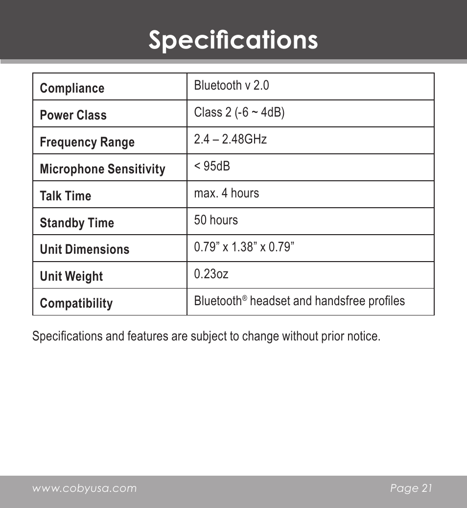 Specifications | COBY CV-M225 User Manual | Page 21 / 24