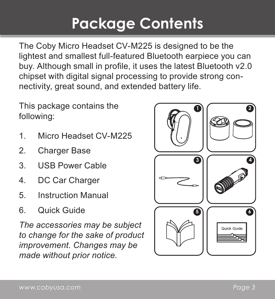Package contents | COBY CV-M225 User Manual | Page 3 / 24