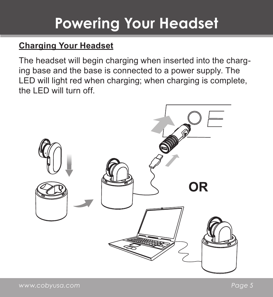 Powering your headset, Charging your headset | COBY CV-M225 User Manual | Page 5 / 24