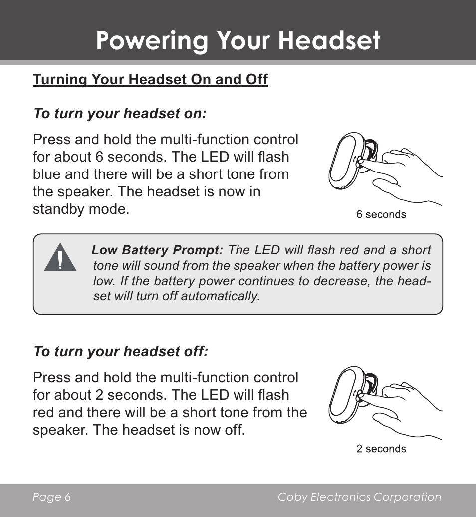 Turning your headset on and off, Powering your headset | COBY CV-M225 User Manual | Page 6 / 24