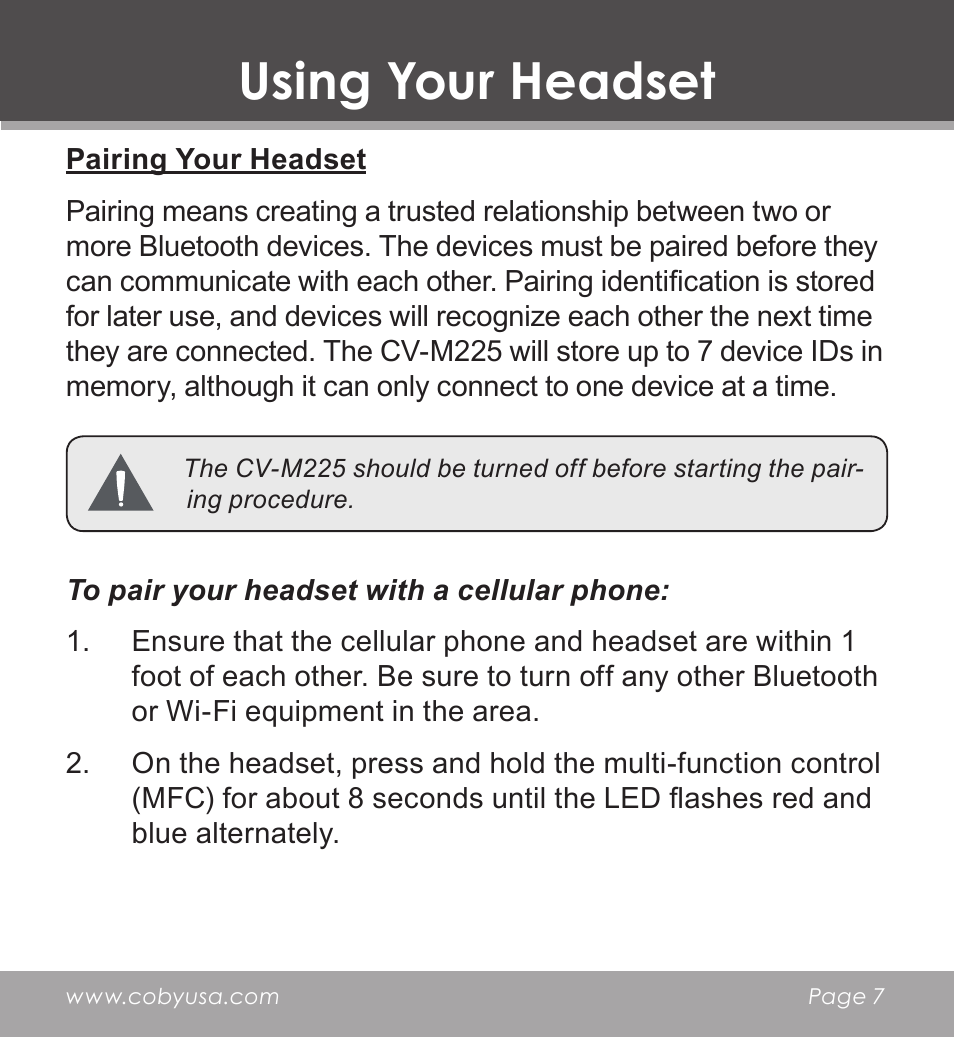 Using your headset, Pairing your headset | COBY CV-M225 User Manual | Page 7 / 24