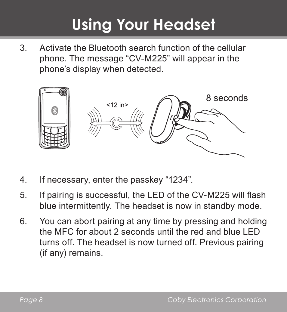 Using your headset | COBY CV-M225 User Manual | Page 8 / 24