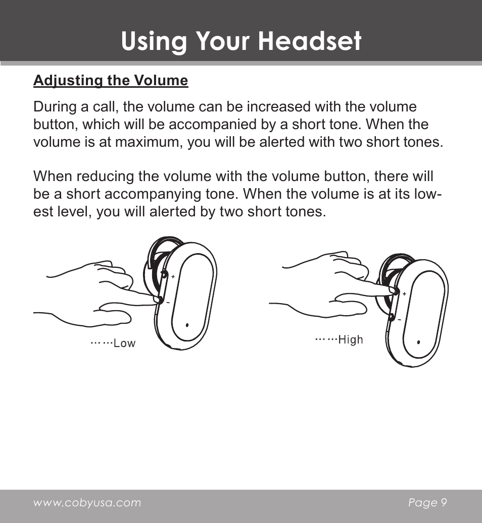 Adjusting the volume, Using your headset | COBY CV-M225 User Manual | Page 9 / 24