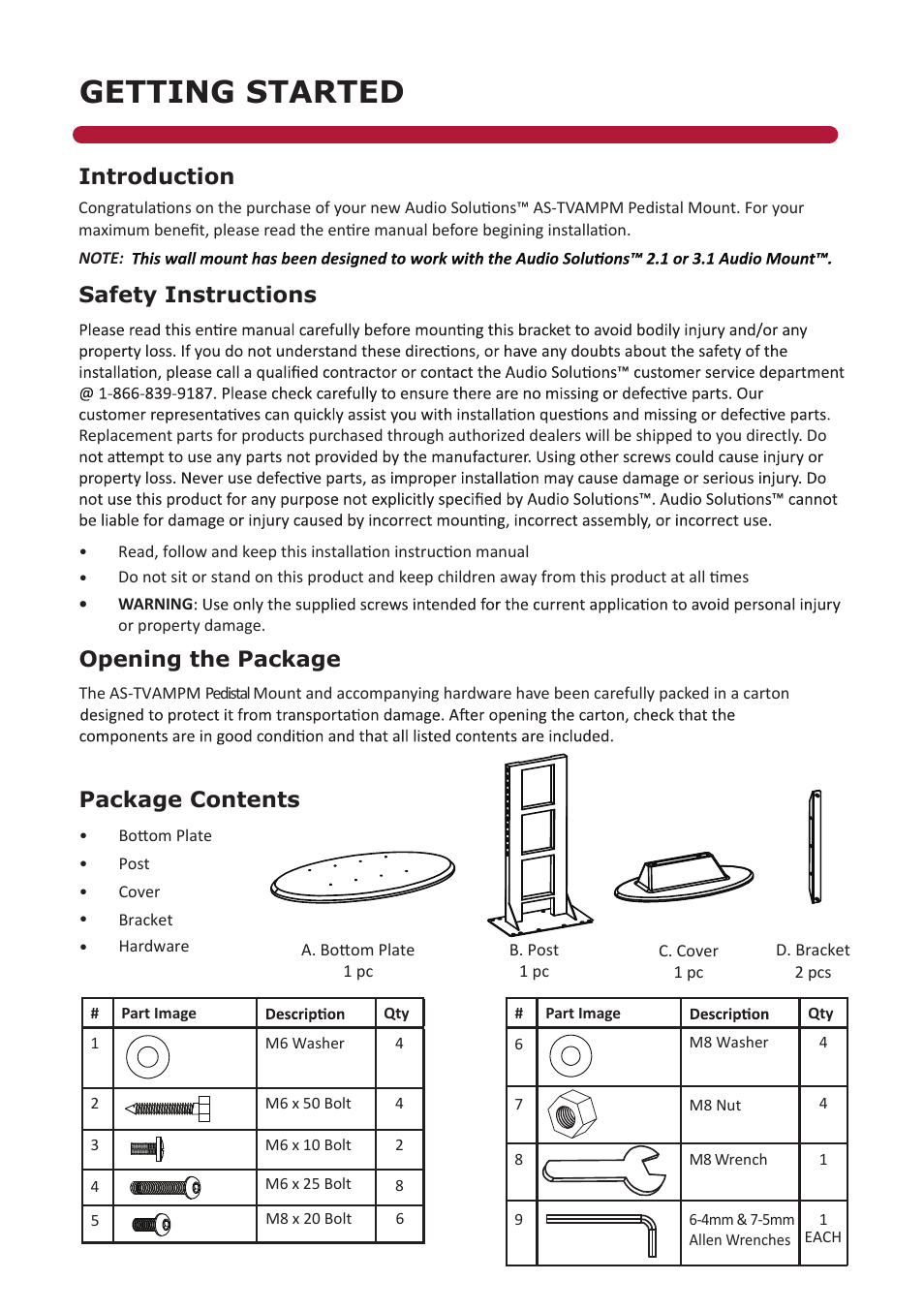 Getting started, Introduction, Safety instructions | Opening the package, Package contents | Audio Solutions AS-TVAMPM User Manual | Page 2 / 4