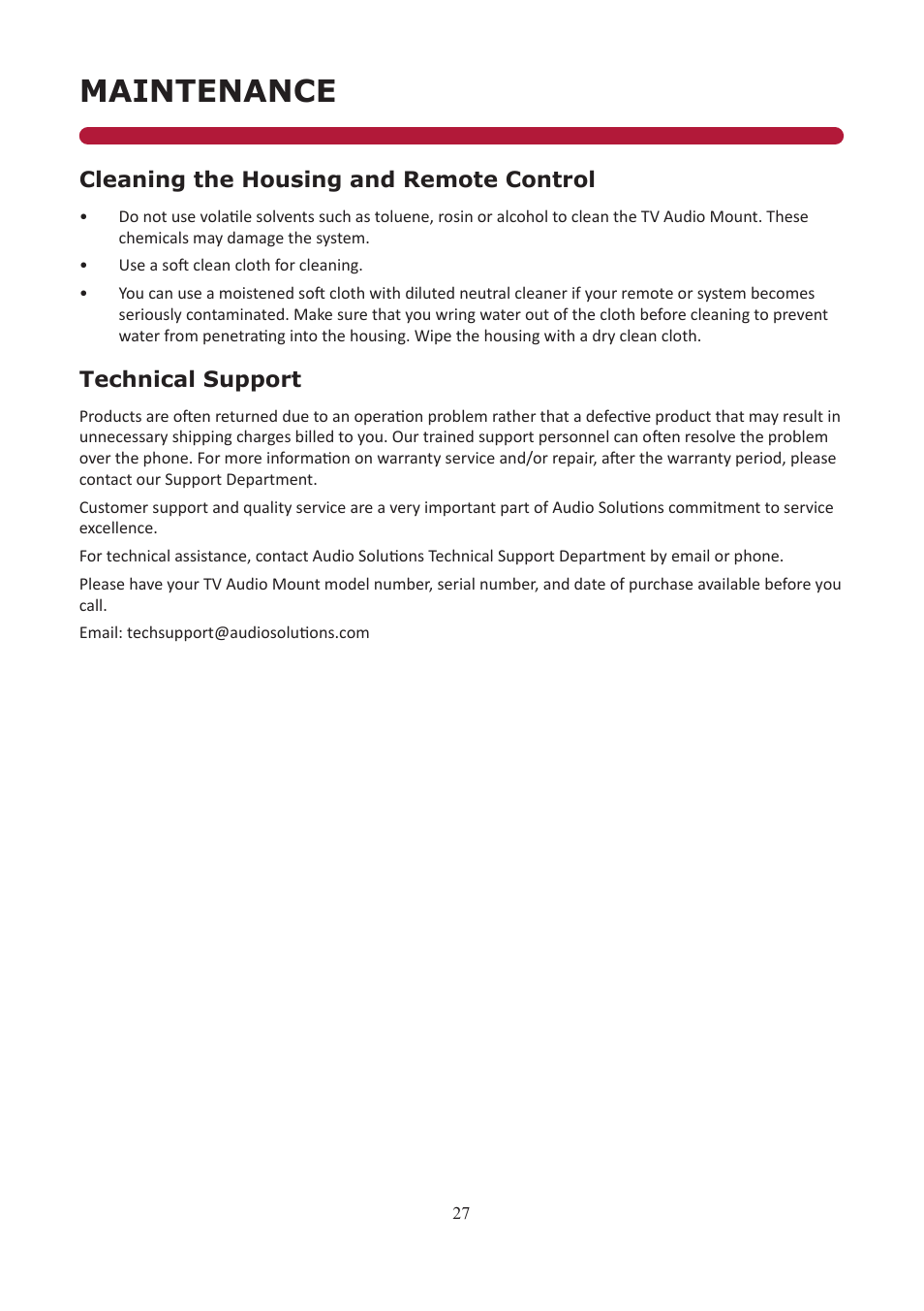 Maintenance | Audio Solutions TVAM2-1 User Manual | Page 26 / 31
