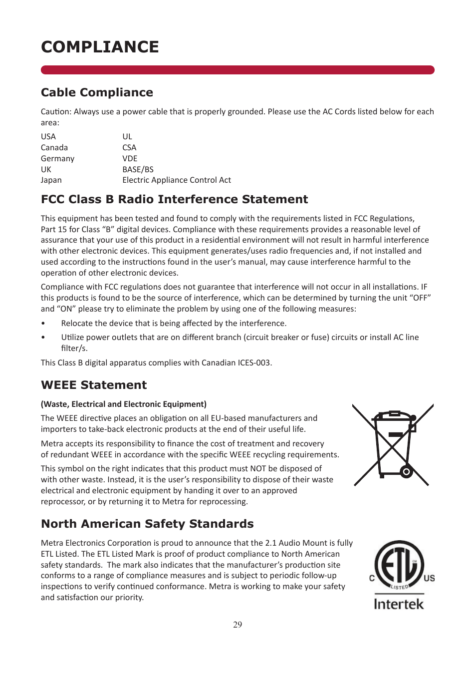 Compliance | Audio Solutions TVAM2-1 User Manual | Page 28 / 31