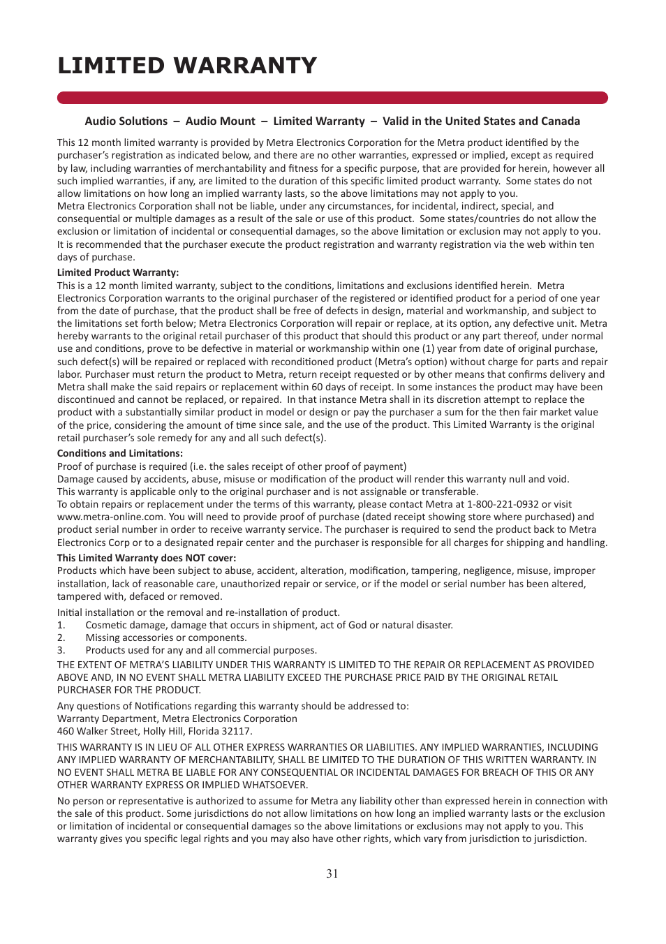Limited warranty | Audio Solutions TVAM2-1 User Manual | Page 30 / 31