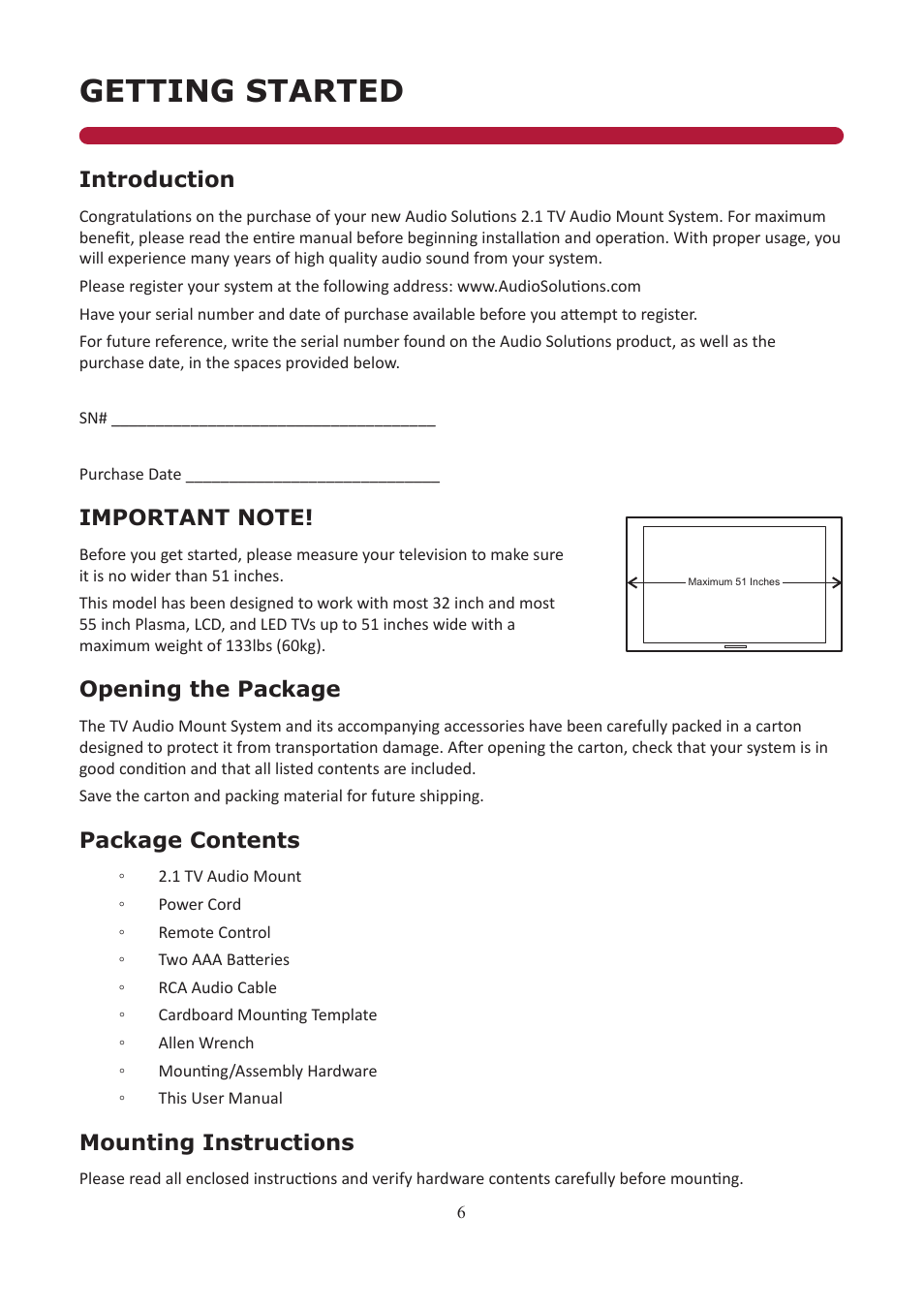 Getting started, Introduction, Opening the package | Package contents, Mounting instructions | Audio Solutions TVAM2-1 User Manual | Page 5 / 31