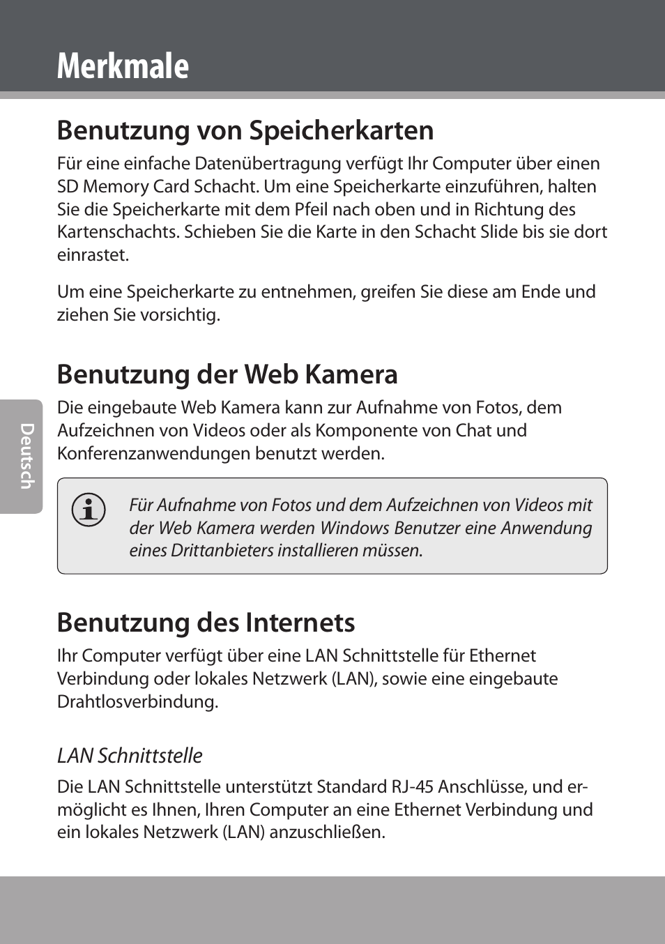 Merkmale, Benutzung von speicherkarten, Benutzung der web kamera | Benutzung des internets | COBY NBPC893 User Manual | Page 100 / 140