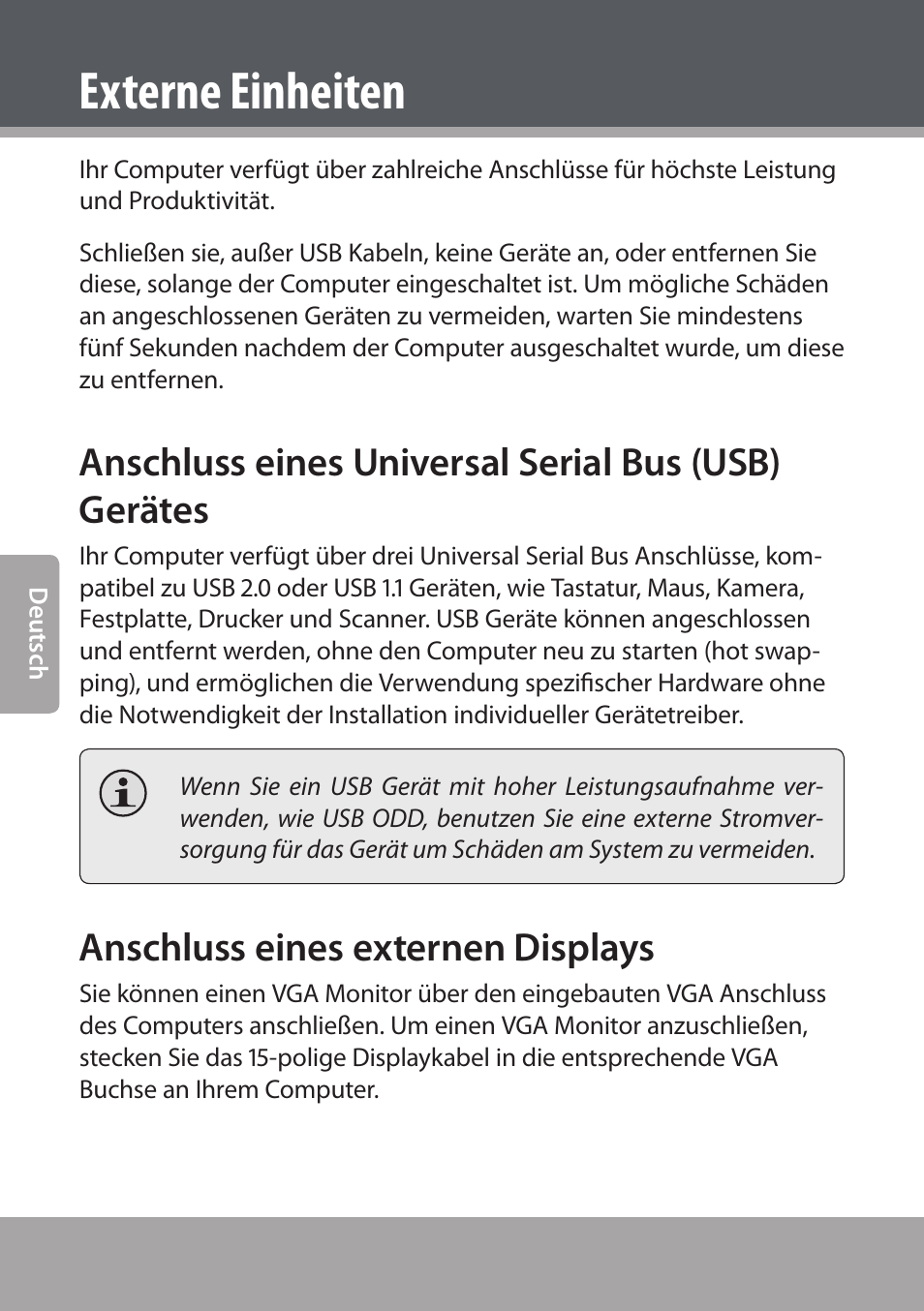 Externe einheiten, Anschluss eines universal serial bus (usb) gerätes, Anschluss eines externen displays | COBY NBPC893 User Manual | Page 102 / 140