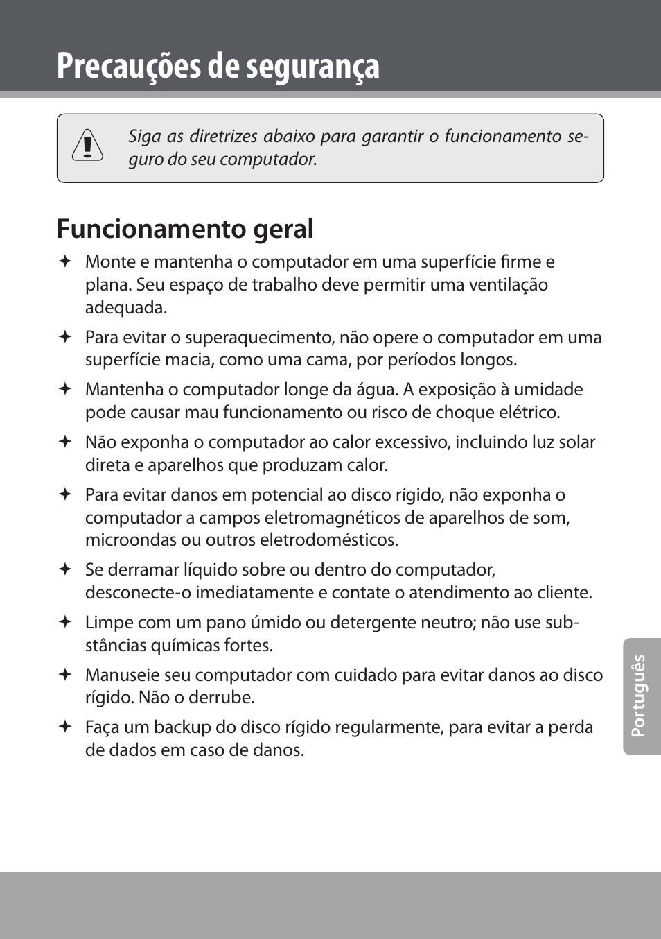 Precauções de segurança, Funcionamento geral | COBY NBPC893 User Manual | Page 115 / 140