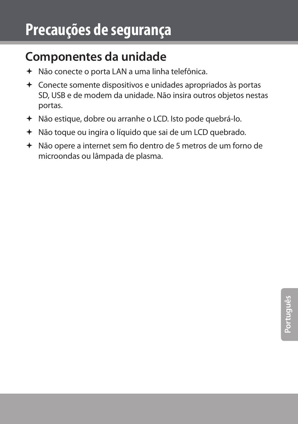 Componentes da unidade, Precauções de segurança | COBY NBPC893 User Manual | Page 117 / 140