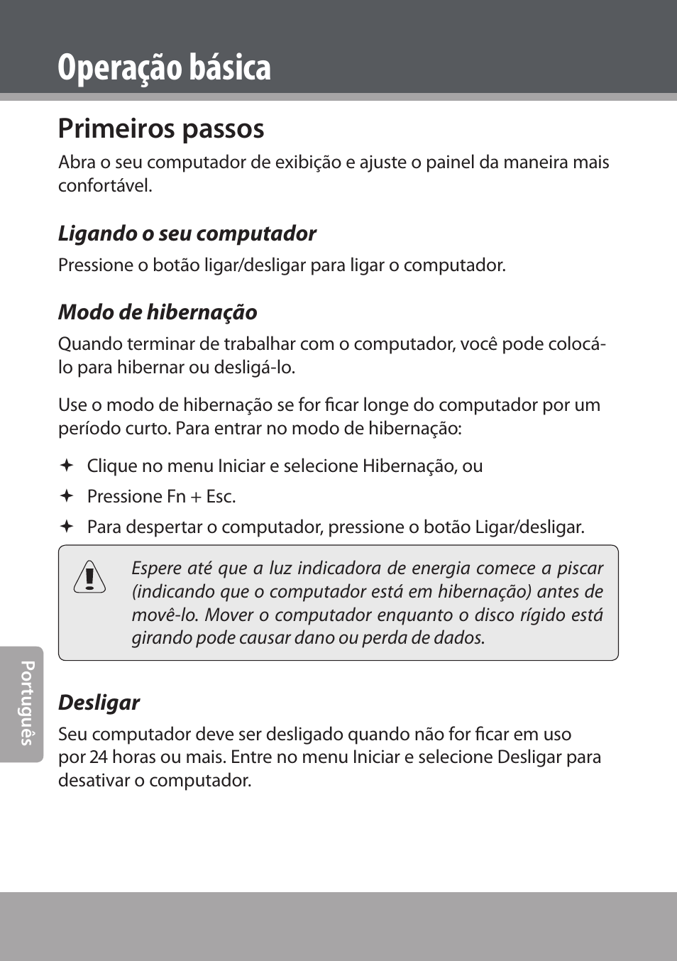 Primeiros passos, Ligando o seu computador, Modo de hibernação | Desligar, Operação básica | COBY NBPC893 User Manual | Page 124 / 140