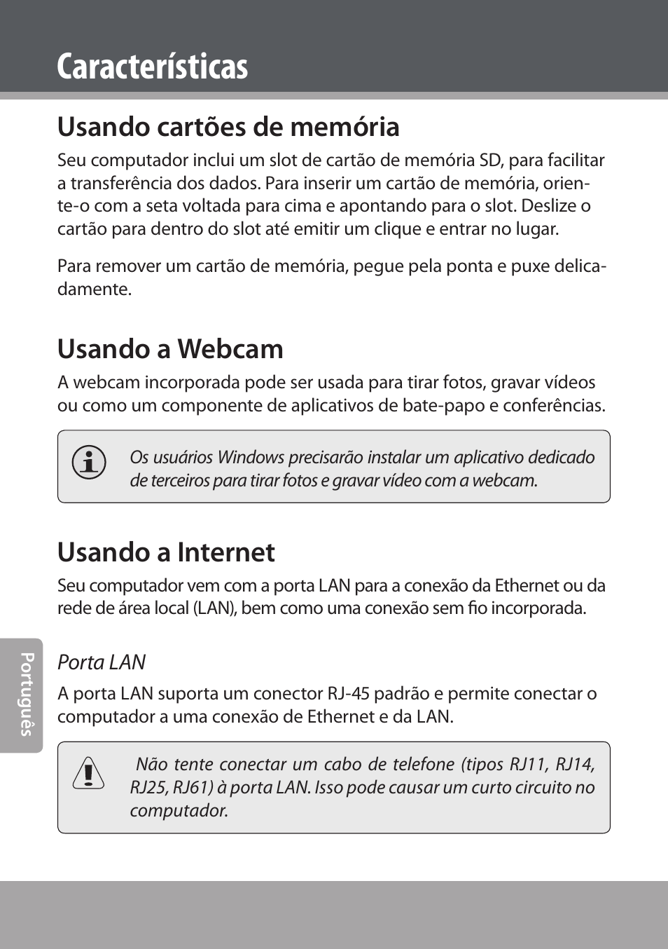 Características, Usando cartões de memória, Usando a webcam | Usando a internet | COBY NBPC893 User Manual | Page 128 / 140