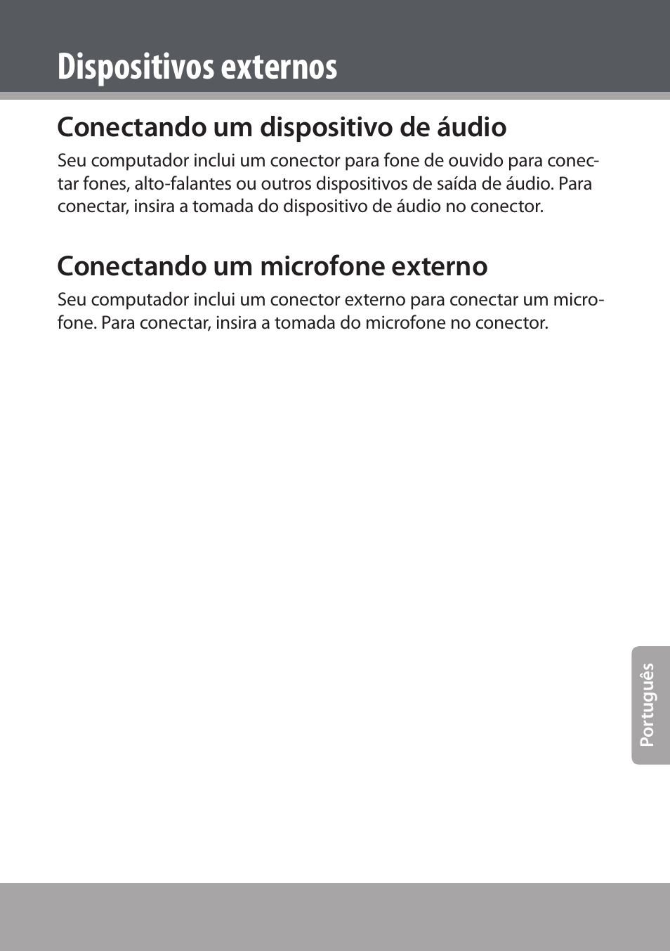 Conectando um dispositivo de áudio, Conectando um microfone externo, Dispositivos externos | COBY NBPC893 User Manual | Page 131 / 140