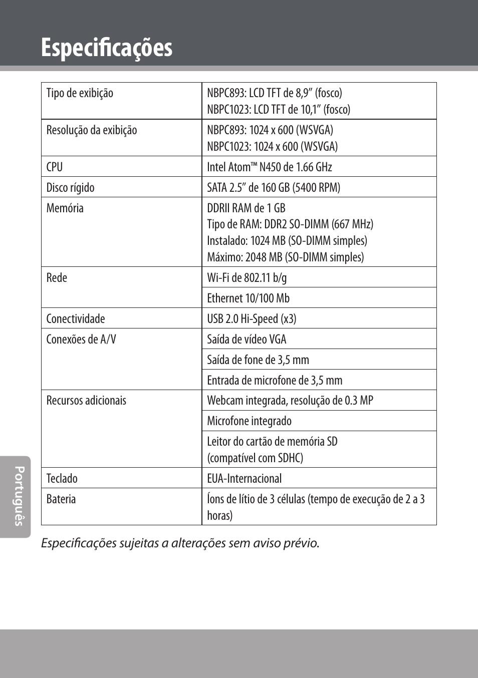 Especificações | COBY NBPC893 User Manual | Page 138 / 140