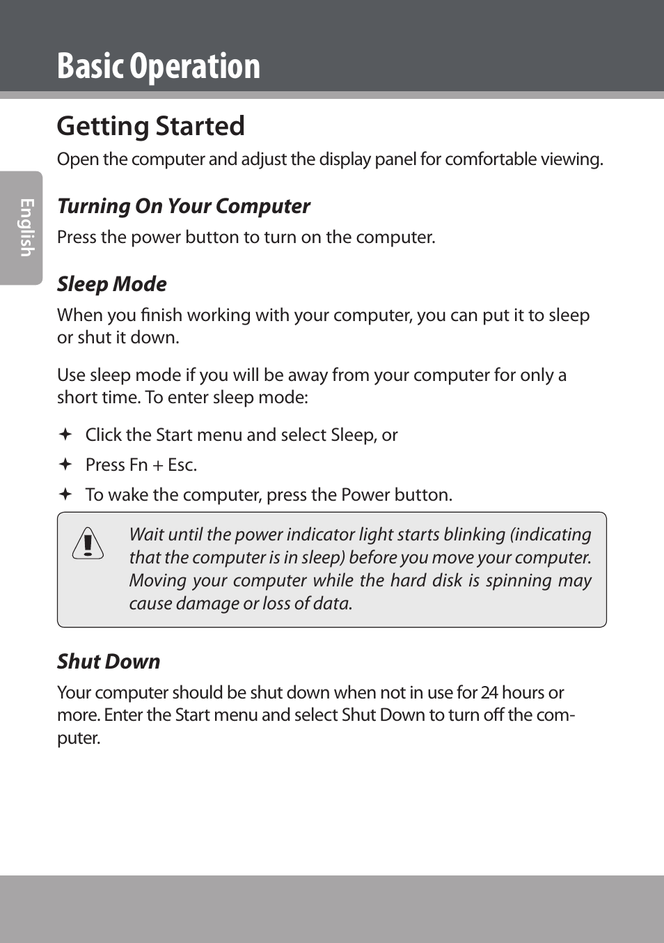 Getting started, Turning on your computer, Sleep mode | Shut down, Basic operation | COBY NBPC893 User Manual | Page 14 / 140