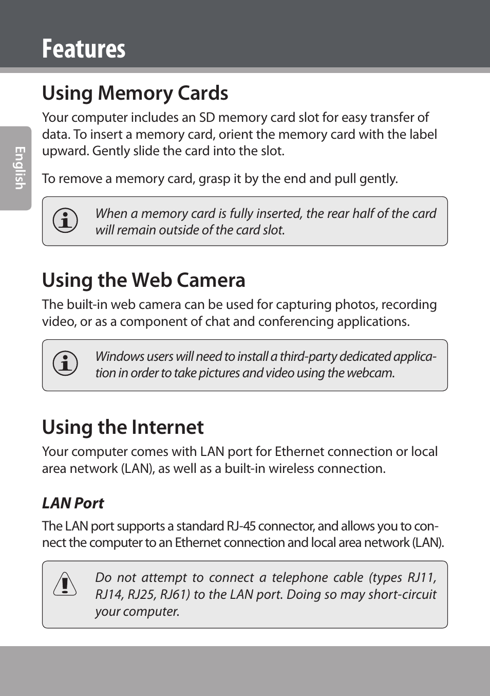 Features, Using memory cards, Using the web camera | Using the internet, Lan port | COBY NBPC893 User Manual | Page 18 / 140