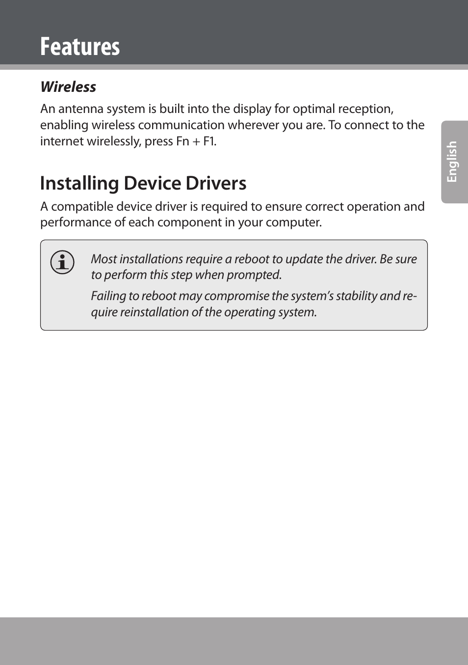 Wireless, Installing device drivers, Features | COBY NBPC893 User Manual | Page 19 / 140