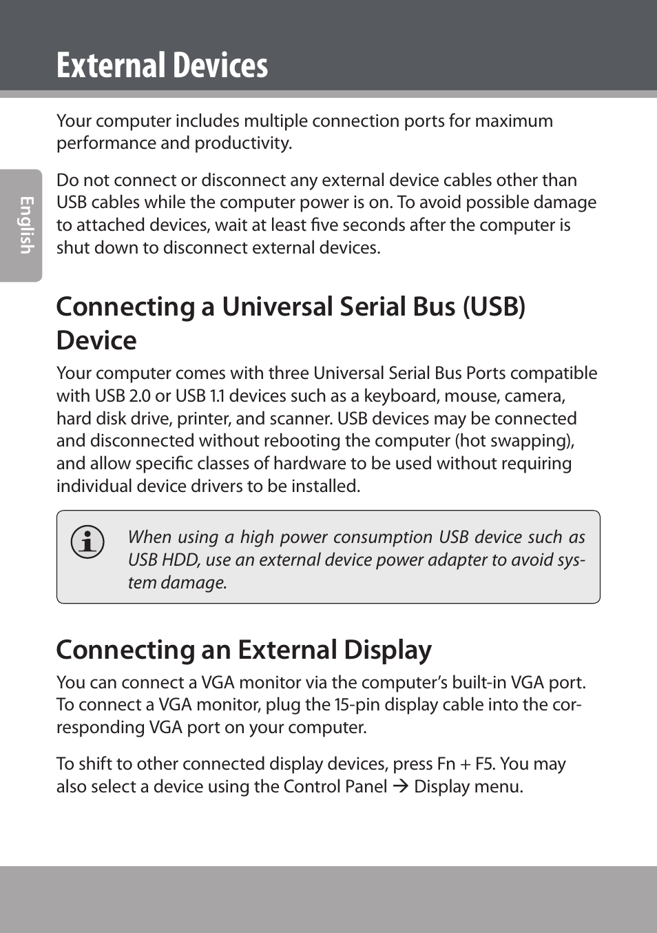 External devices, Connecting a universal serial bus (usb) device, Connecting an external display | COBY NBPC893 User Manual | Page 20 / 140