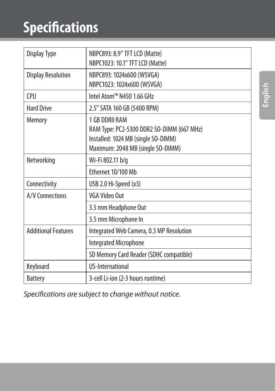 Specifications | COBY NBPC893 User Manual | Page 27 / 140