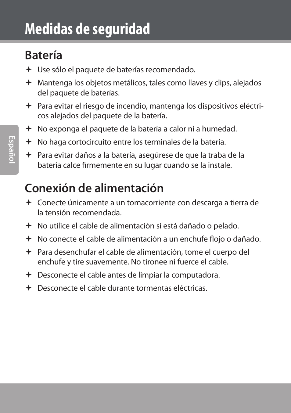 Batería, Conexión de alimentación, Medidas de seguridad | COBY NBPC893 User Manual | Page 32 / 140