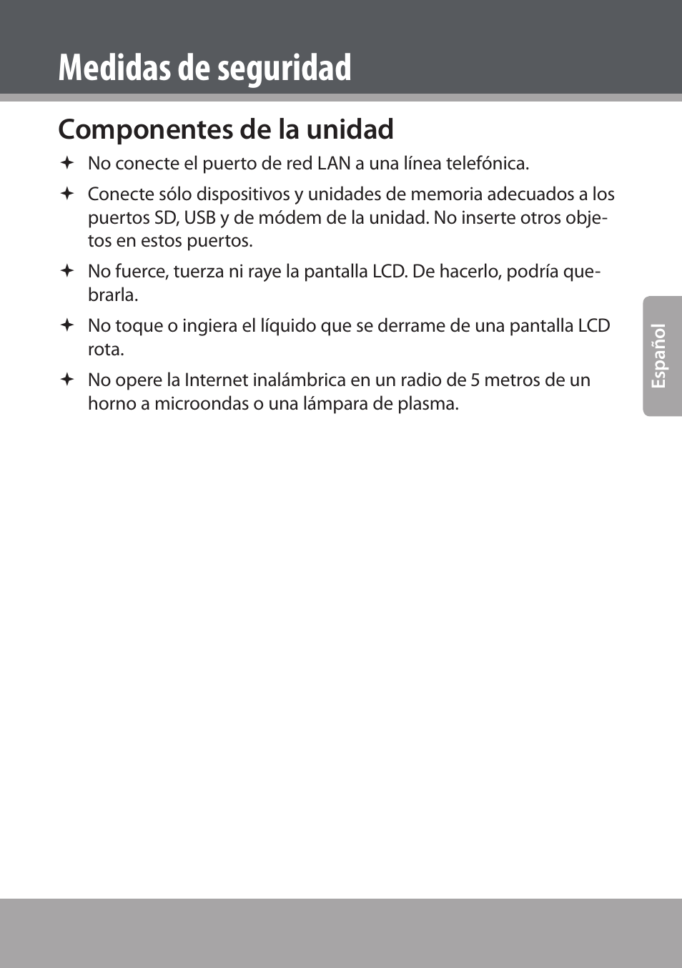 Componentes de la unidad, Medidas de seguridad | COBY NBPC893 User Manual | Page 33 / 140