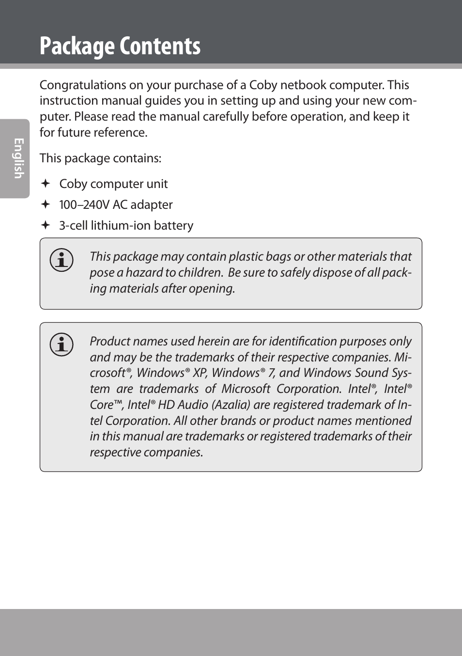 Package contents | COBY NBPC893 User Manual | Page 4 / 140