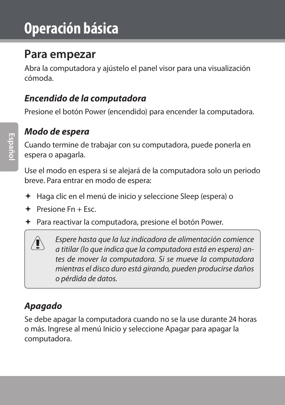 Para empezar, Encendido de la computadora, Modo de espera | Apagado, Operación básica | COBY NBPC893 User Manual | Page 40 / 140