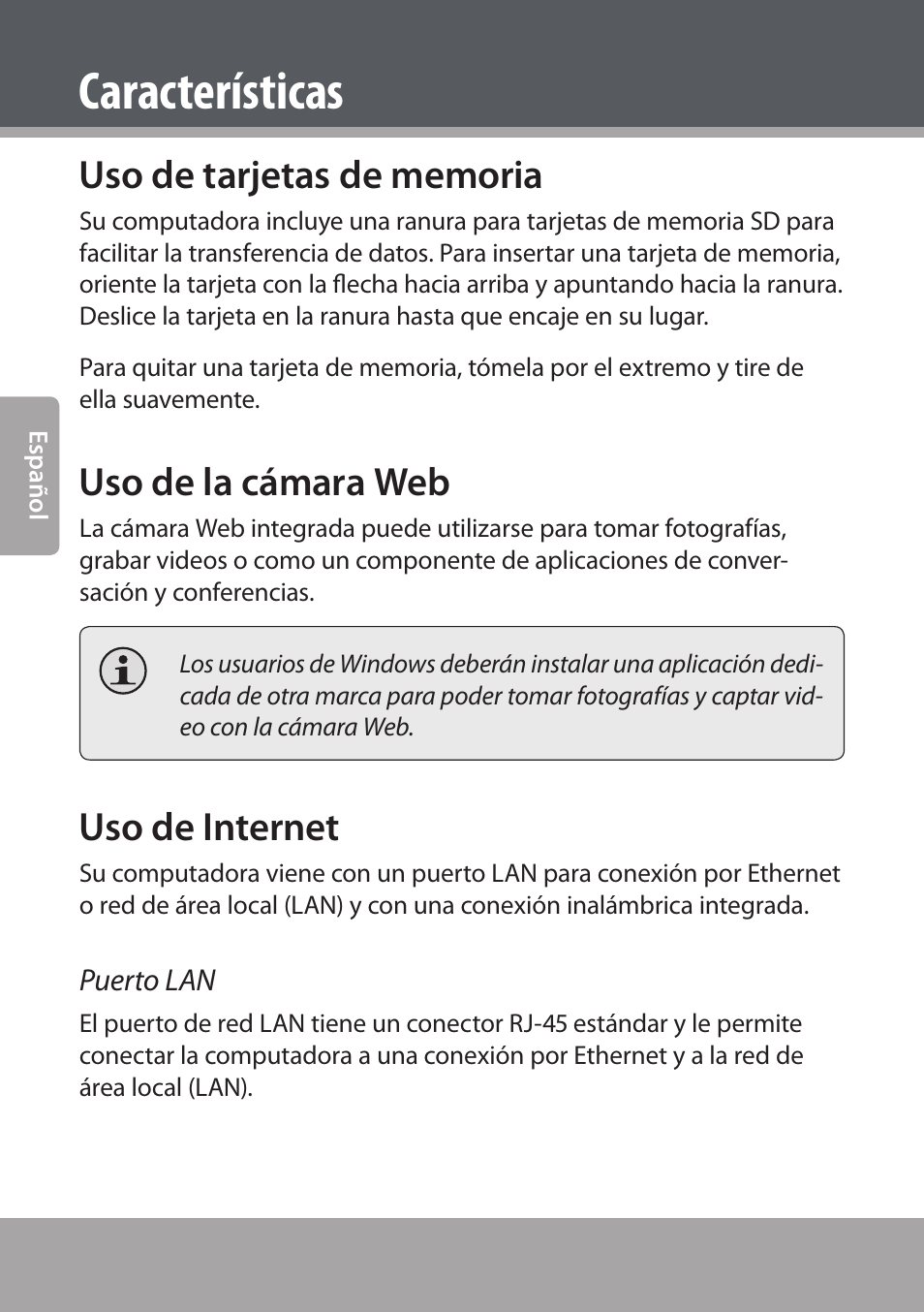 Características, Uso de tarjetas de memoria, Uso de la cámara web | Uso de internet | COBY NBPC893 User Manual | Page 44 / 140