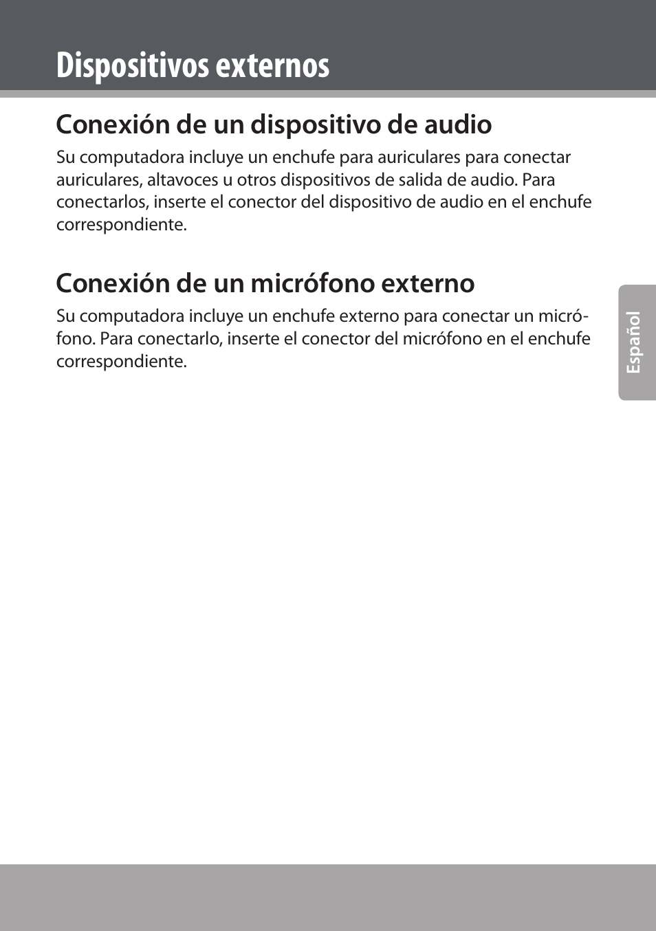 Conexión de un dispositivo de audio, Conexión de un micrófono externo, Dispositivos externos | COBY NBPC893 User Manual | Page 47 / 140