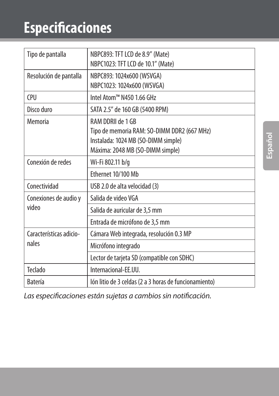 Especificaciones | COBY NBPC893 User Manual | Page 55 / 140