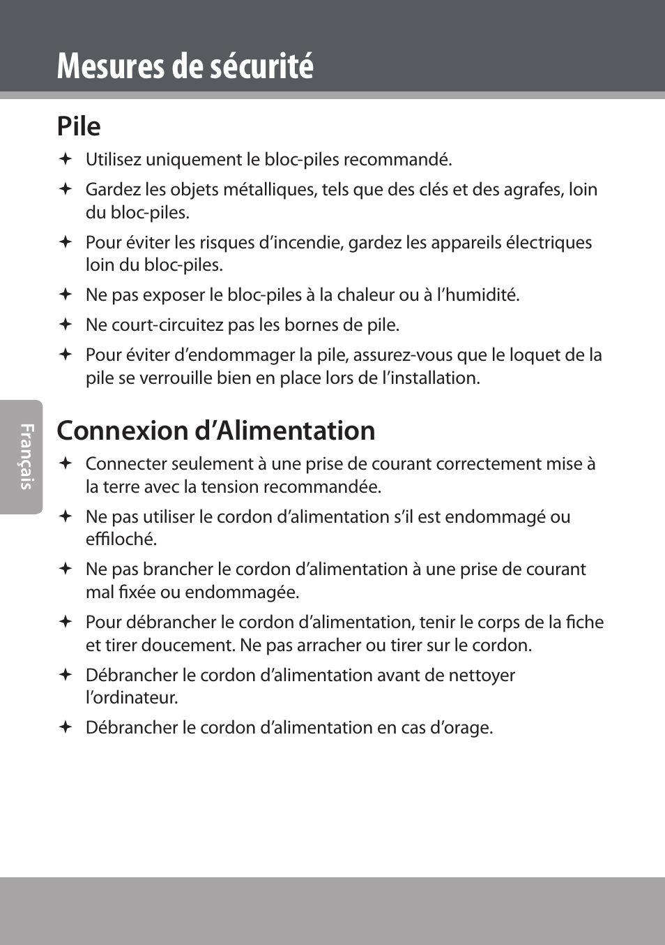 Pile, Connexion d’alimentation, Mesures de sécurité | COBY NBPC893 User Manual | Page 60 / 140