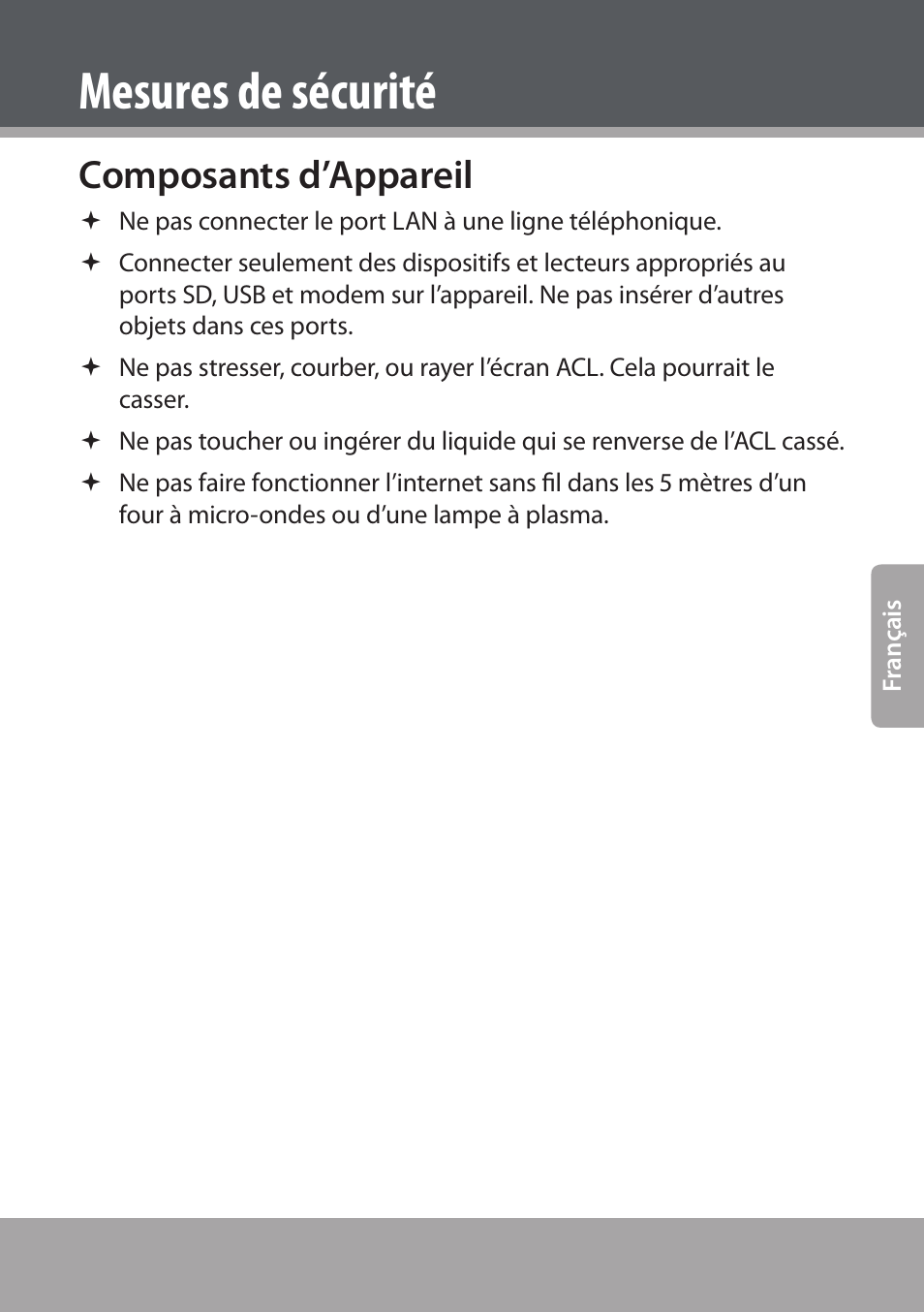 Composants d’appareil, Mesures de sécurité | COBY NBPC893 User Manual | Page 61 / 140