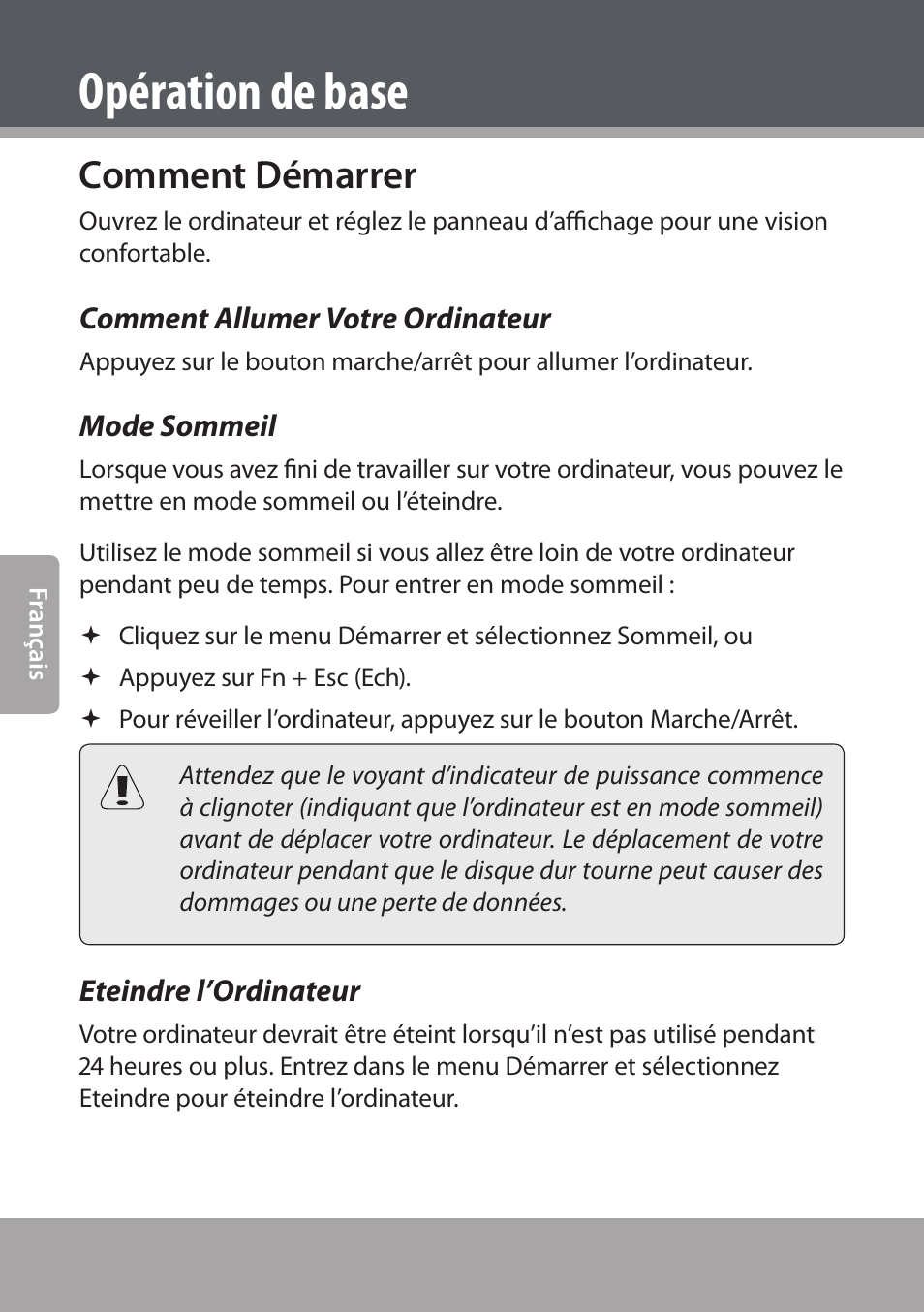 Comment démarrer, Comment allumer votre ordinateur, Mode sommeil | Eteindre l’ordinateur, Opération de base | COBY NBPC893 User Manual | Page 68 / 140