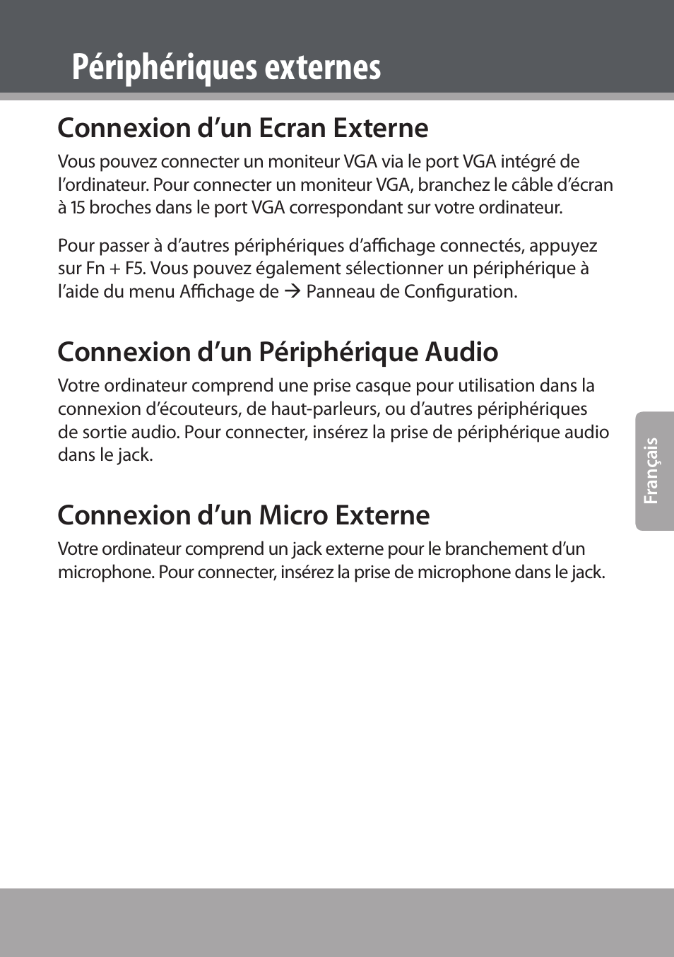 Connexion d’un ecran externe, Connexion d’un périphérique audio, Connexion d’un micro externe | Périphériques externes | COBY NBPC893 User Manual | Page 75 / 140
