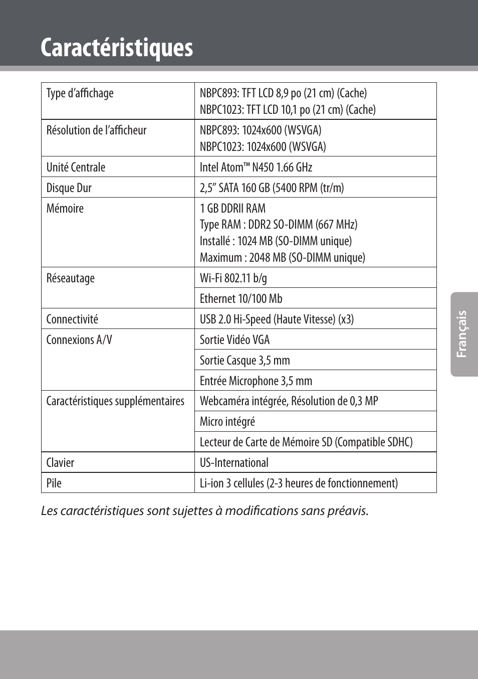 Caractéristiques | COBY NBPC893 User Manual | Page 83 / 140