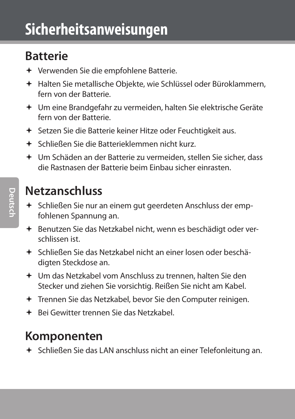 Batterie, Netzanschluss, Komponenten | Sicherheitsanweisungen | COBY NBPC893 User Manual | Page 88 / 140
