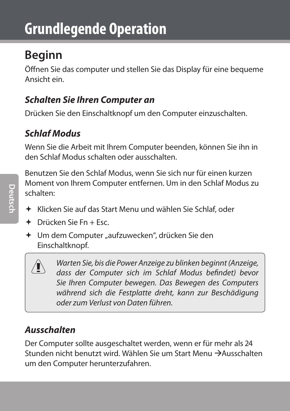 Beginn, Schalten sie ihren computer an, Schlaf modus | Ausschalten, Grundlegende operation | COBY NBPC893 User Manual | Page 96 / 140