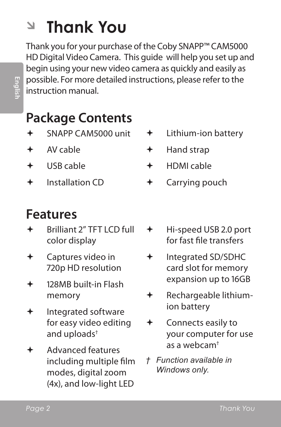 Package contents, Features | COBY SNAPP CAM5000 User Manual | Page 2 / 48