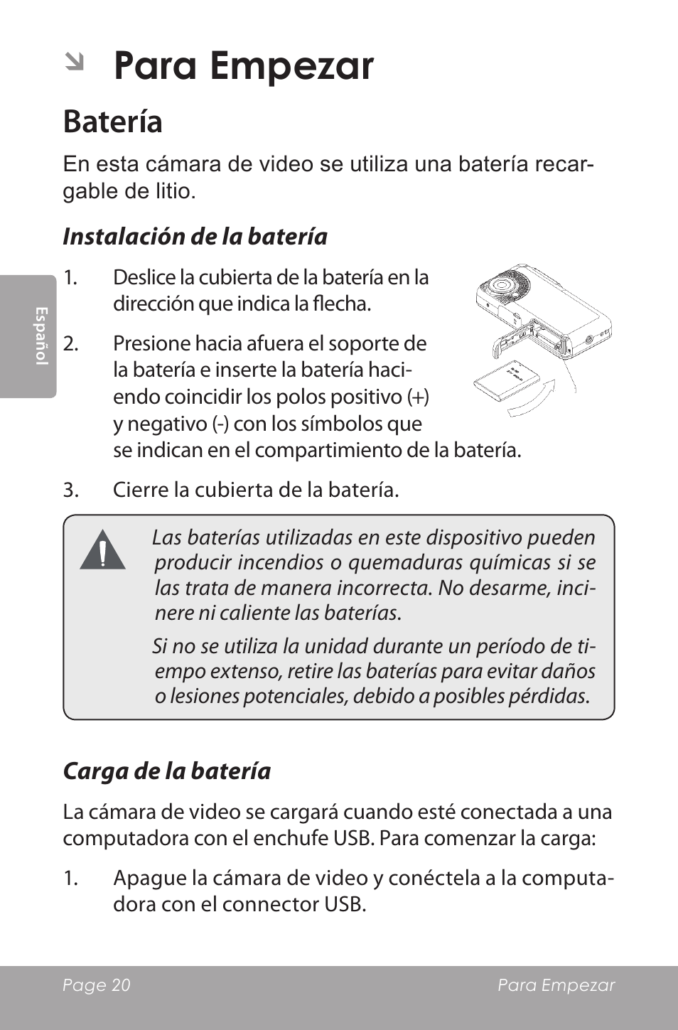Para empezar, Batería | COBY SNAPP CAM5000 User Manual | Page 20 / 48