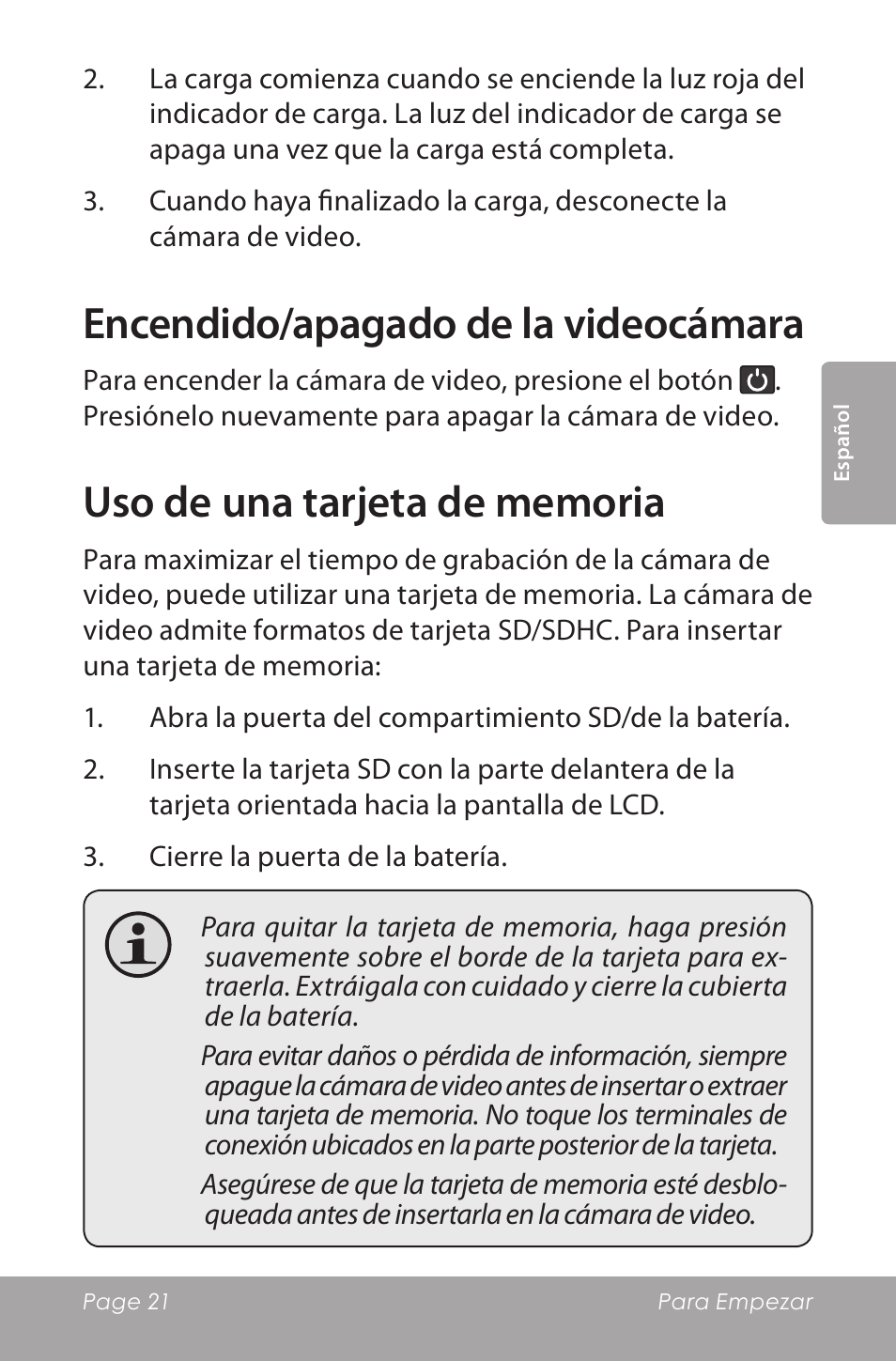 Encendido/apagado de la videocámara | COBY SNAPP CAM5000 User Manual | Page 21 / 48