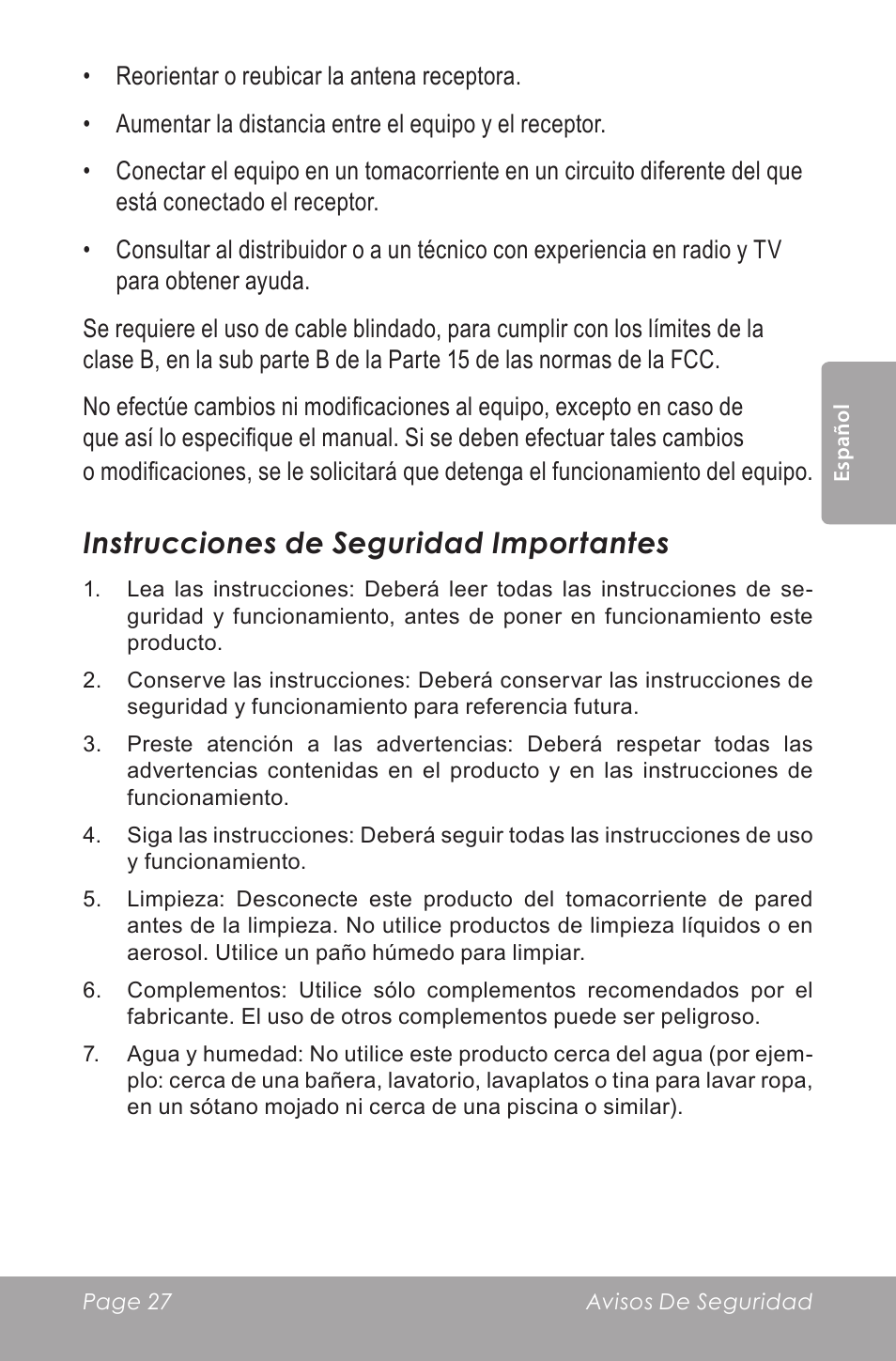 Instrucciones de seguridad importantes | COBY SNAPP CAM5000 User Manual | Page 27 / 48