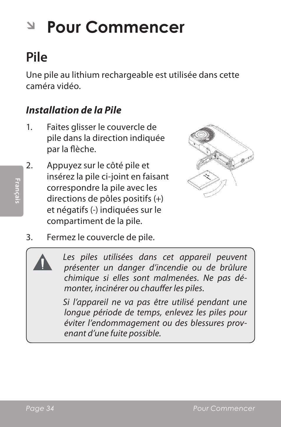 Pour commencer, Pile | COBY SNAPP CAM5000 User Manual | Page 34 / 48