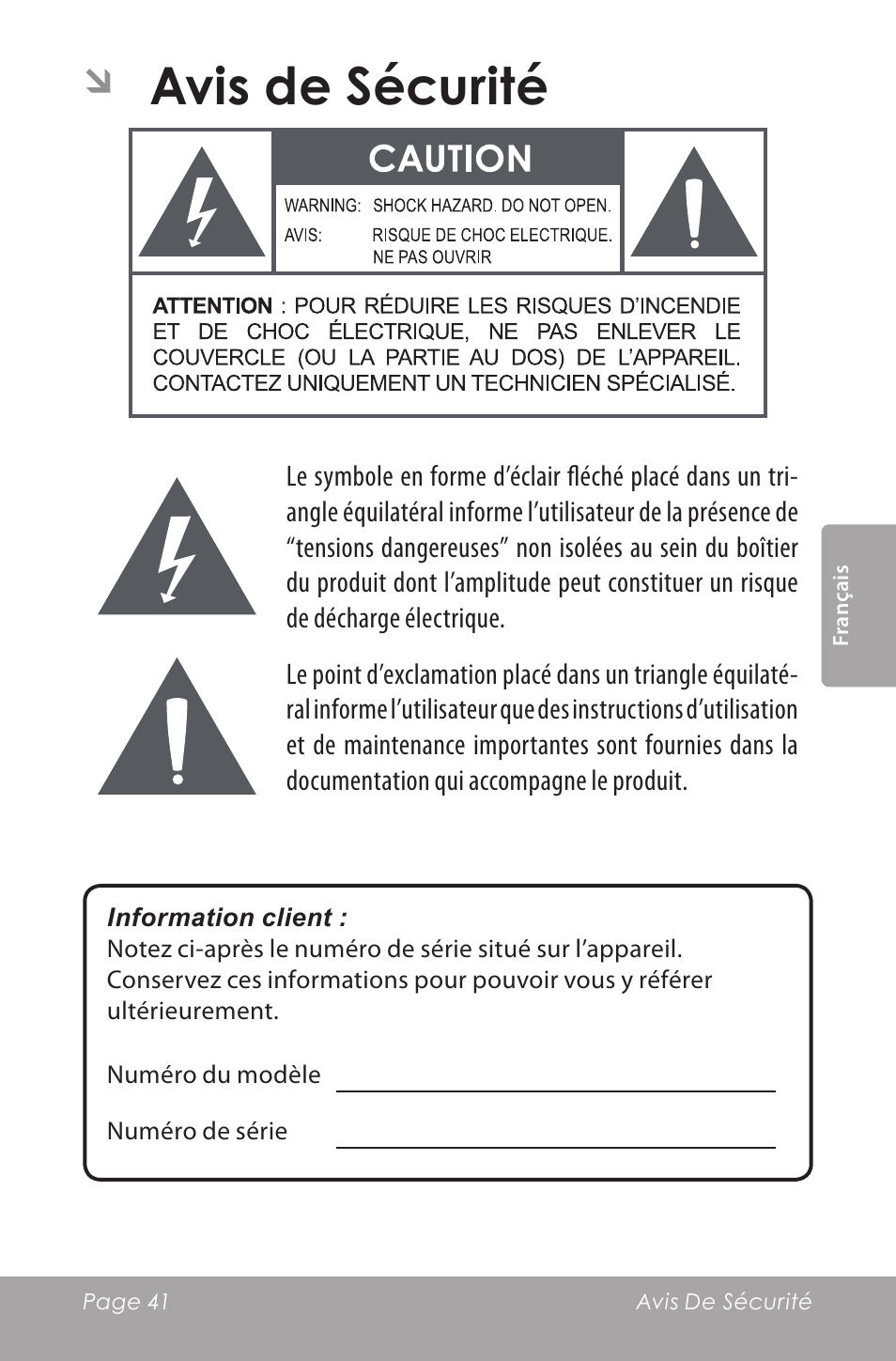 Avis de sécurité | COBY SNAPP CAM5000 User Manual | Page 41 / 48