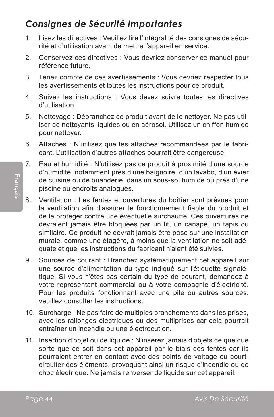 Consignes de sécurité importantes | COBY SNAPP CAM5000 User Manual | Page 44 / 48