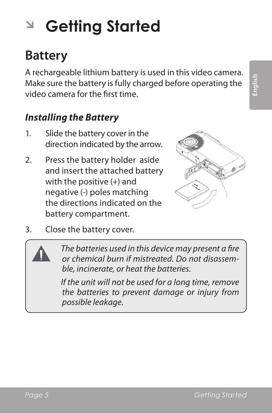 Getting started, Battery | COBY SNAPP CAM5000 User Manual | Page 5 / 48