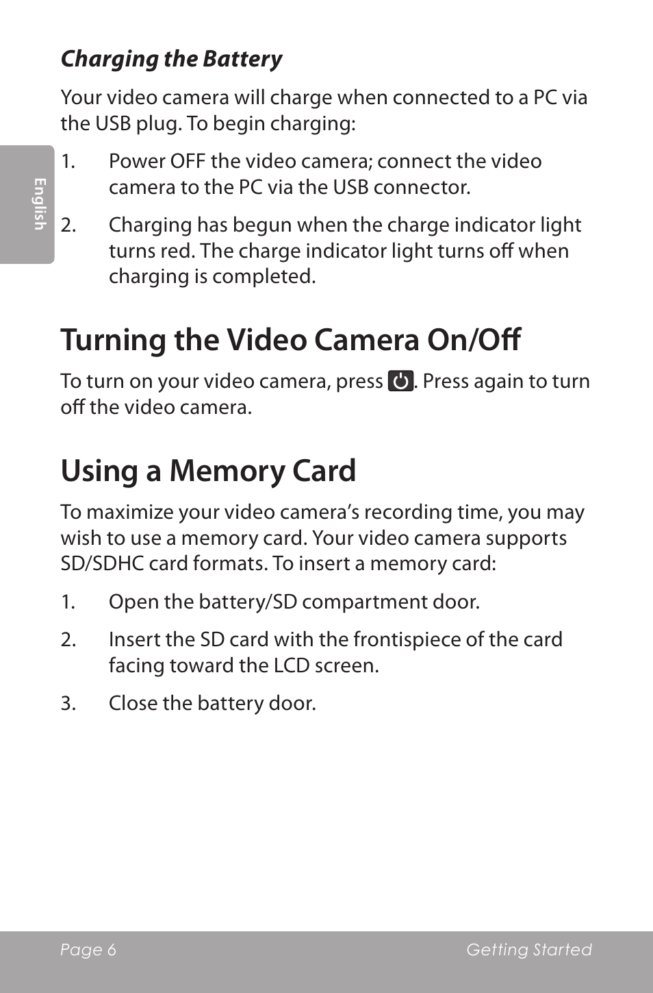 Turning the video camera on/off | COBY SNAPP CAM5000 User Manual | Page 6 / 48